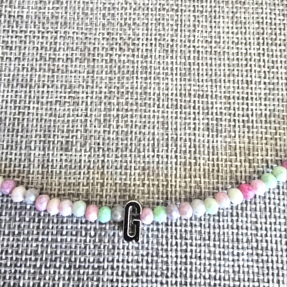 Dainty Beaded Stone Initial Letter G Choker Necklace Silver Spring Ocean Beachy
